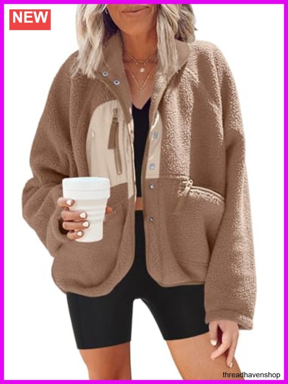 Fuzzy Fleece Jacket Button Down Sherpa Coat Casual Winter Outwear with Pockets